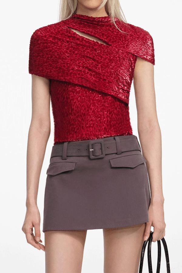 Self Portrait Fil Coupe Cut Out Short Sleeve Top In Red 6
